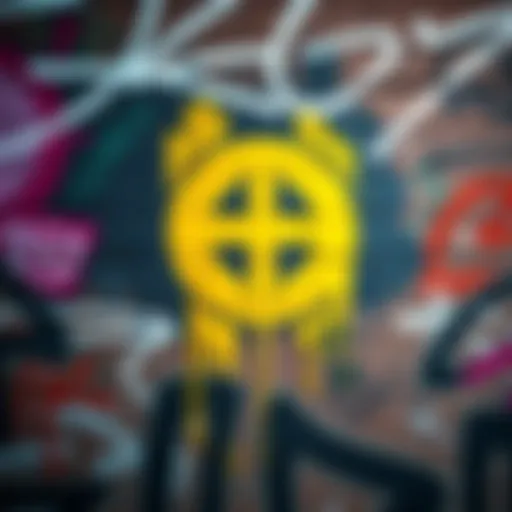 A bright yellow symbol painted on a brick wall, surrounded by graffiti and urban art.