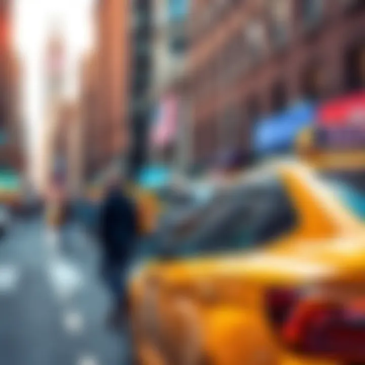 A bright yellow taxi parked on a busy city street with people walking by and buildings in the background
