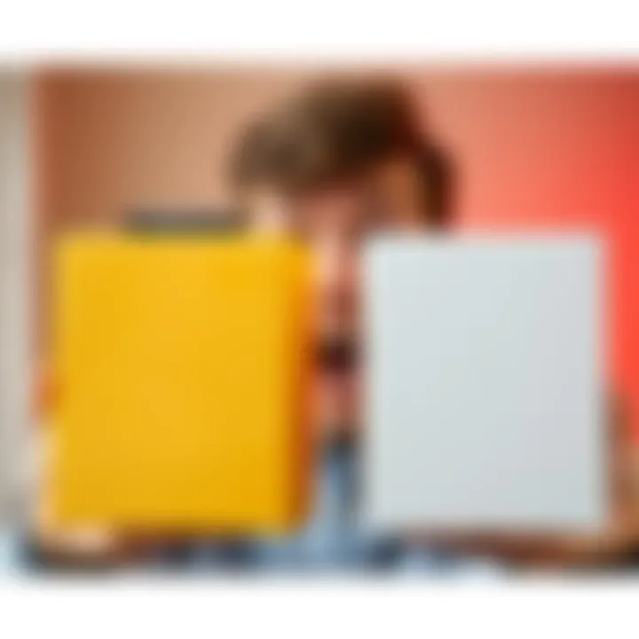 A side-by-side view of a yellow-sided box and a white-sided box highlighting the color differences, with a person showing surprise in the background.