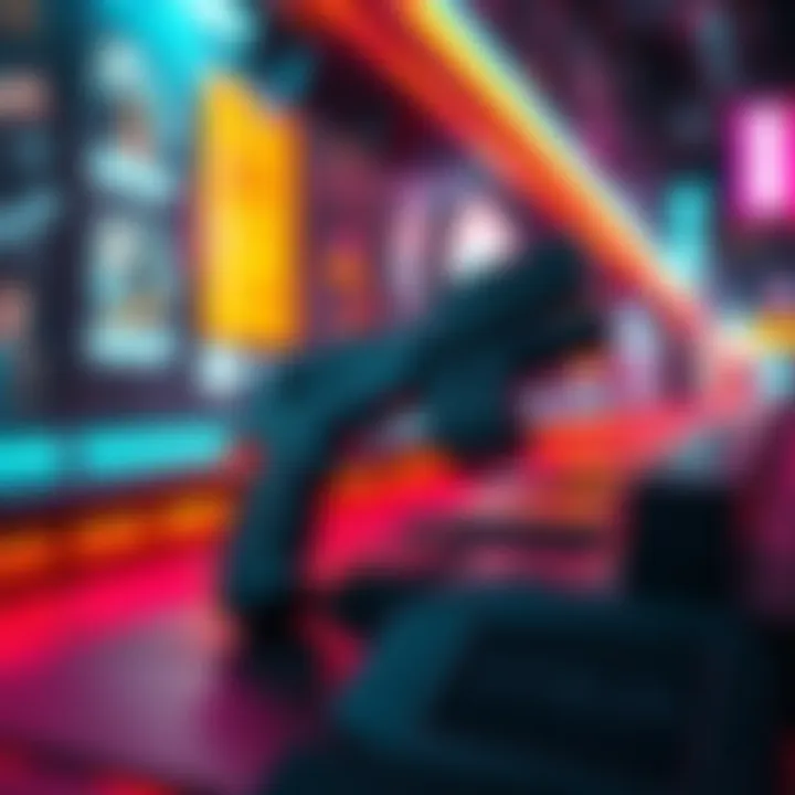 A close-up of the Yiaba Neon Lexington 5++ pistol resting on a futuristic surface in Cyberpunk setting.