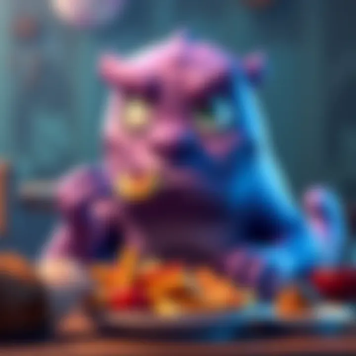A cartoon Yogg character munching on food with a playful expression, ignoring a person asking about what's in its mouth