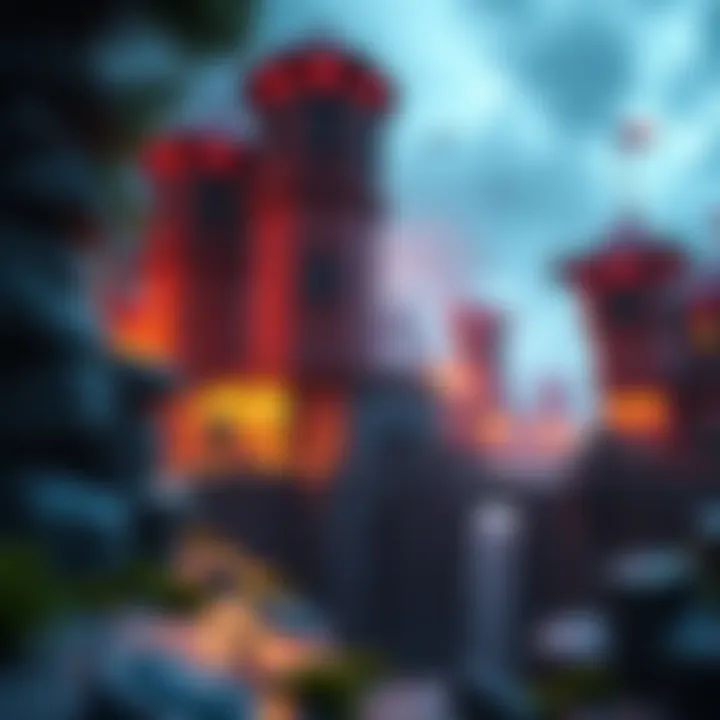 Scene showing Yogscast players in action on ttt_stonecity_v2 map with towers and a pit