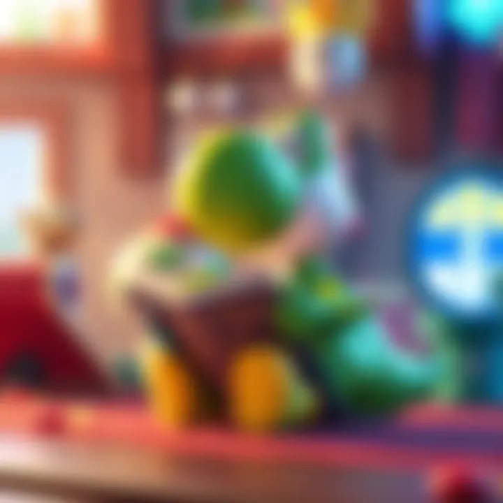 Yoshi character with a colorful book in a playful setting