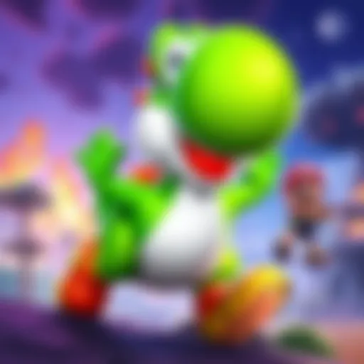 A colorful concept art featuring Yoshi in a Fortnite-style setting, ready for battle with a playful expression.