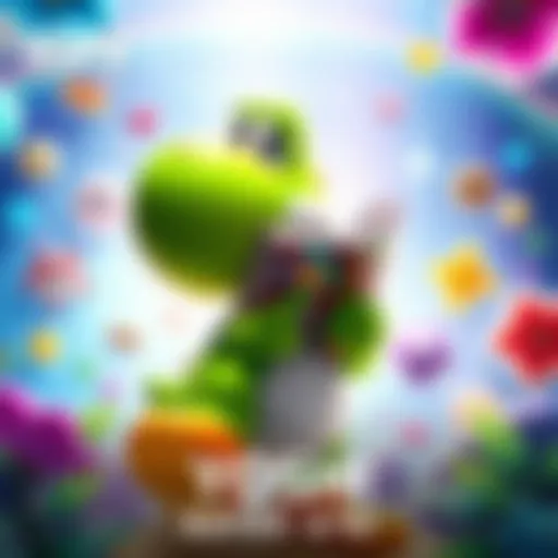 Yoshi character with a colorful book in hand, surrounded by a bright and playful background