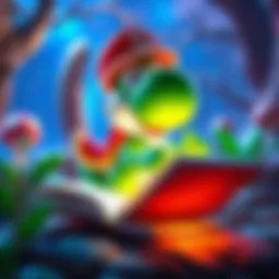 Yoshi character interacting with a colorful book in a vibrant environment