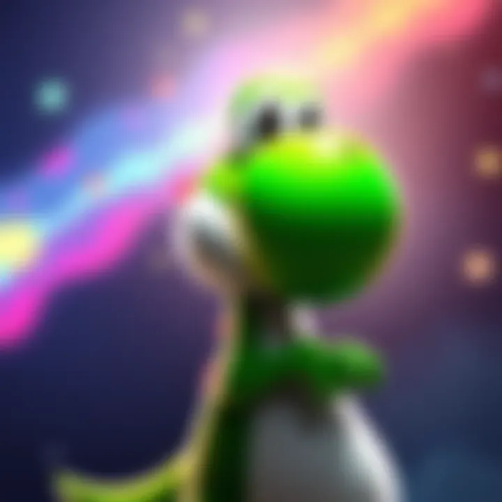 Yoshi, a green dinosaur character, is shown in a colorful scene from the Super Mario Galaxy movie, ready for adventure in space.