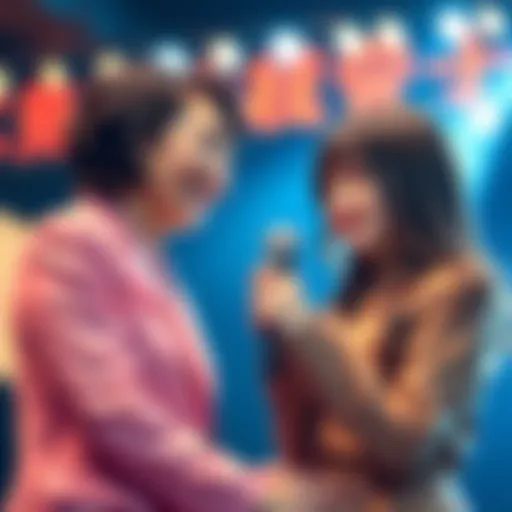 Yoshiko Sakakibara smiles as she hands over a microphone to Kei Hayami, who looks excited to take on the role of Ana.