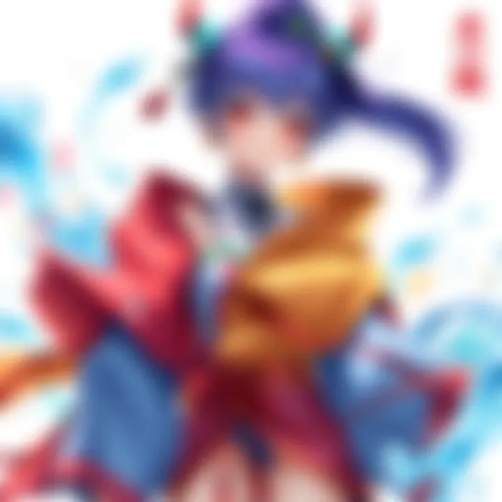 A colorful sketch of Atsu wearing a Mizu-themed outfit, featuring flowing water elements and vibrant colors
