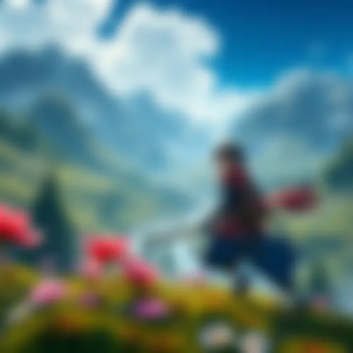 Yลtei Main Character in Action The main character of Yลtei exploring a vibrant open world filled with mountains and forests.