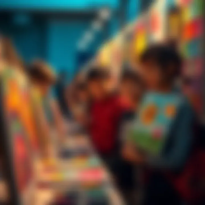 A group of young artists displaying their colorful artwork at the Mini Artist competition