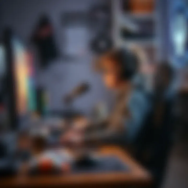 A 12-year-old gamer sitting at a desk, focused on playing CS2 on a computer, surrounded by gaming gear and snacks.