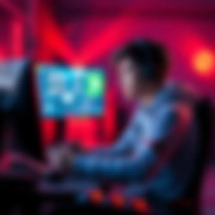 A young adult sitting at a gaming setup, looking at the screen with a controller in hand, eager to connect with new gaming buddies.