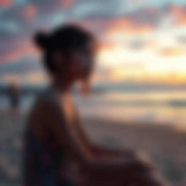 Young woman reflecting at sunset A 17-year-old girl sitting on a beach, watching the sunset with a thoughtful expression.