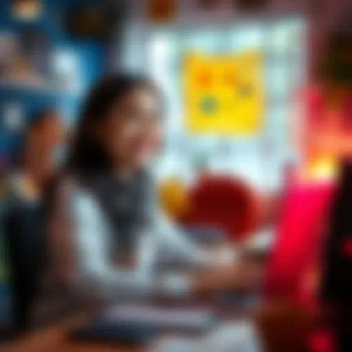 A 25-year-old woman smiling and sitting at a desk, looking at her laptop, ready for a Discord chat. She has a friendly demeanor and colorful decor in the background.