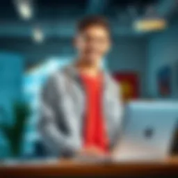 A 20-year-old man smiling confidently, dressed in casual attire, standing in a modern workspace with a laptop open in front of him, showcasing his achievements.