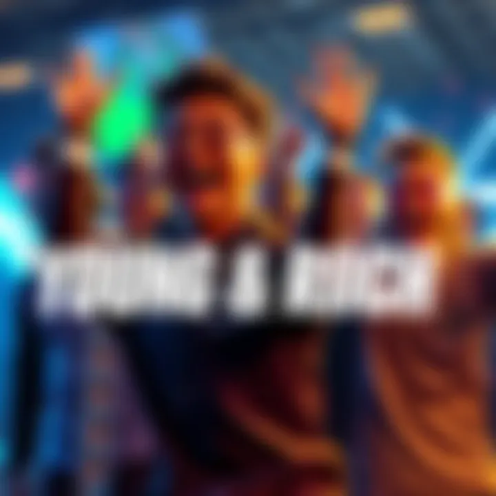 Young Black & Rich Emote Celebration A group of excited players in a gaming environment celebrating with the Young Black & Rich emote, showcasing joyful expressions and vibrant colors.