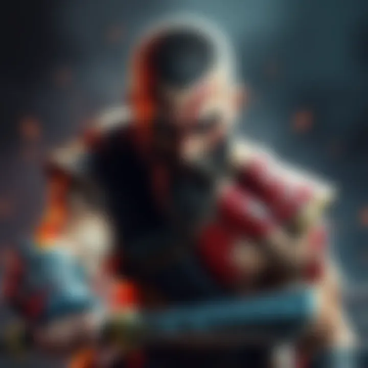 A young version of Kratos, the character from video games, shown in a heroic pose with a fierce expression, ready for battle, set against a dramatic background.