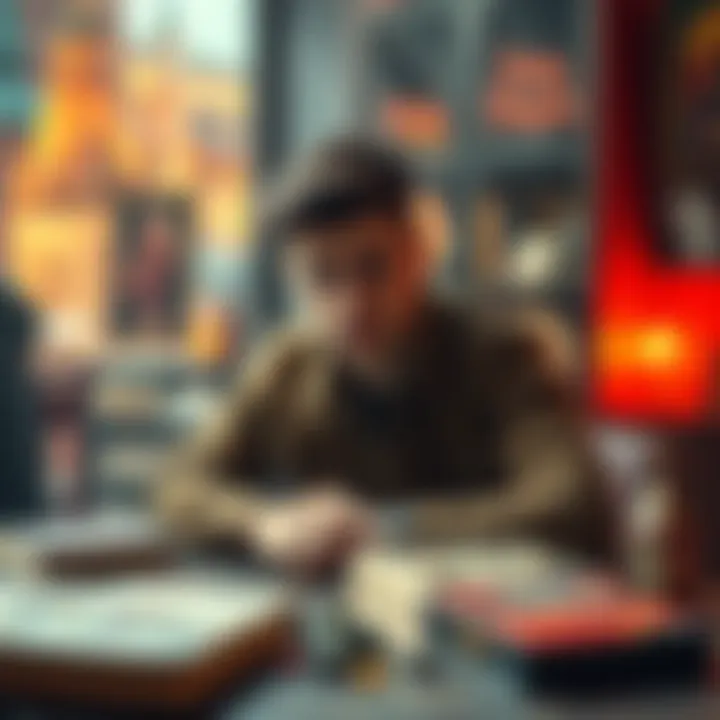 A 21-year-old man sitting at a table with Dungeons & Dragons books and dice, searching for a gaming group in Munich