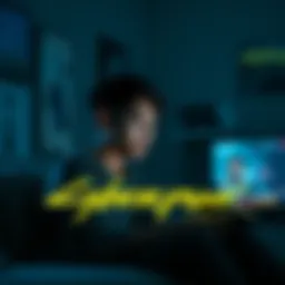 A young person sitting in a dimly lit room, immersed in playing Cyberpunk 2077 on a gaming console, with a focused expression that reflects engagement and hope.