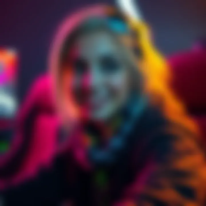 A young woman inspired by a classic old character, showing vibrant features and a playful expression, set in a gaming environment.