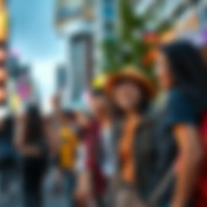 A group of young people interacting and expressing themselves in a vibrant urban setting, showcasing modern youth culture and their behaviors in 2025.