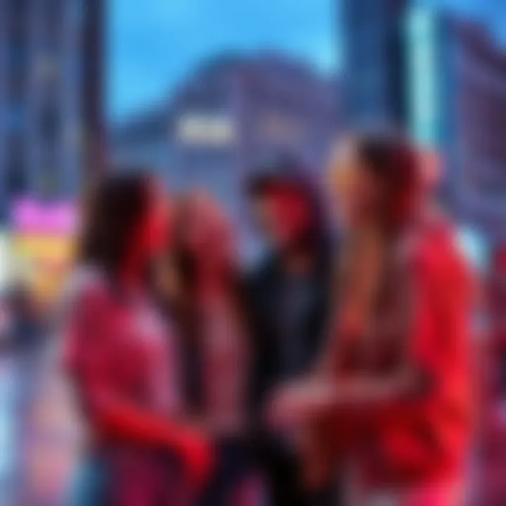 A group of young people laughing and chatting together in a vibrant urban setting, showcasing modern youth culture and slang expressions.