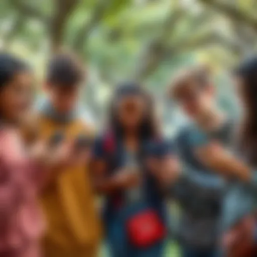 A group of diverse young people using smartphones, sharing social media trends and challenges in a park setting.