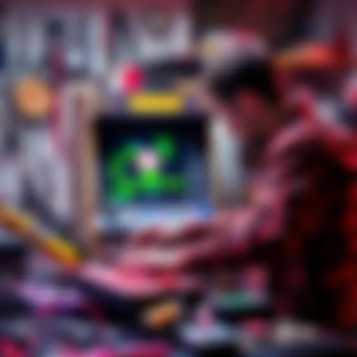 A YouTuber working on a gaming console, surrounded by tools and game parts, showcasing the restoration of an old Nintendo arcade game