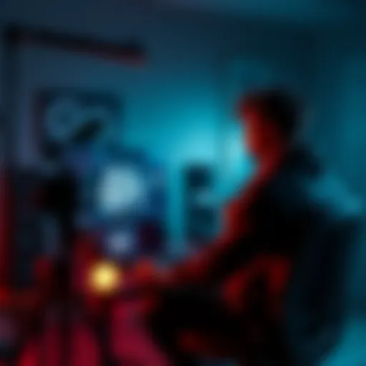 A YouTuber recording a video about Bloodborne lore with a gaming setup in the background