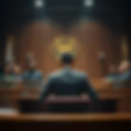 A courtroom scene showing a YouTuber in a suit, sitting at the defendant's table, with a judge and jury present, reflecting the serious atmosphere of a trial.