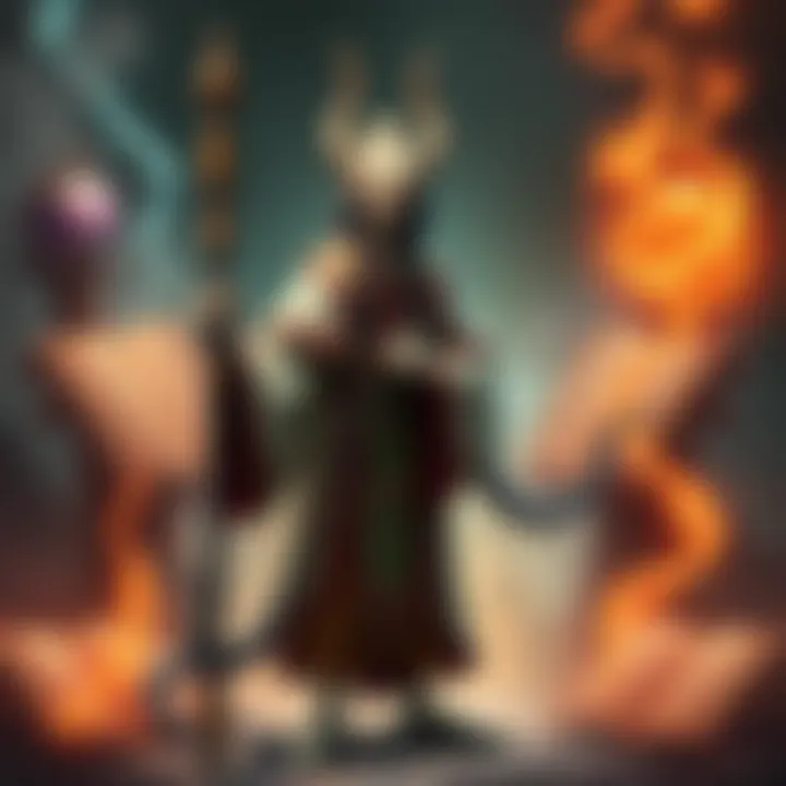 A Yuan-Ti Cleric with snake-like features stands confidently, holding a staff, surrounded by ancient texts and magical symbols.