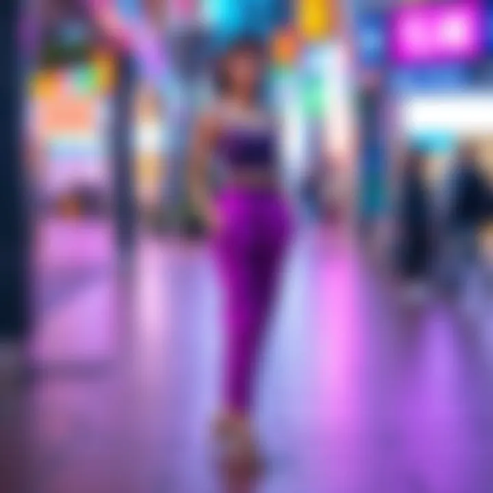 Yun-Jin in purple high-waisted pants Yun-Jin wearing unflattering purple high-waisted pants with mismatched top and accessories, looking unsure of her style.