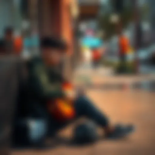Zammy, a young person with a guitar, sitting alone on a sidewalk, looking disappointed after being left out of a rock gang. Their expression shows heartache and longing for friendship.