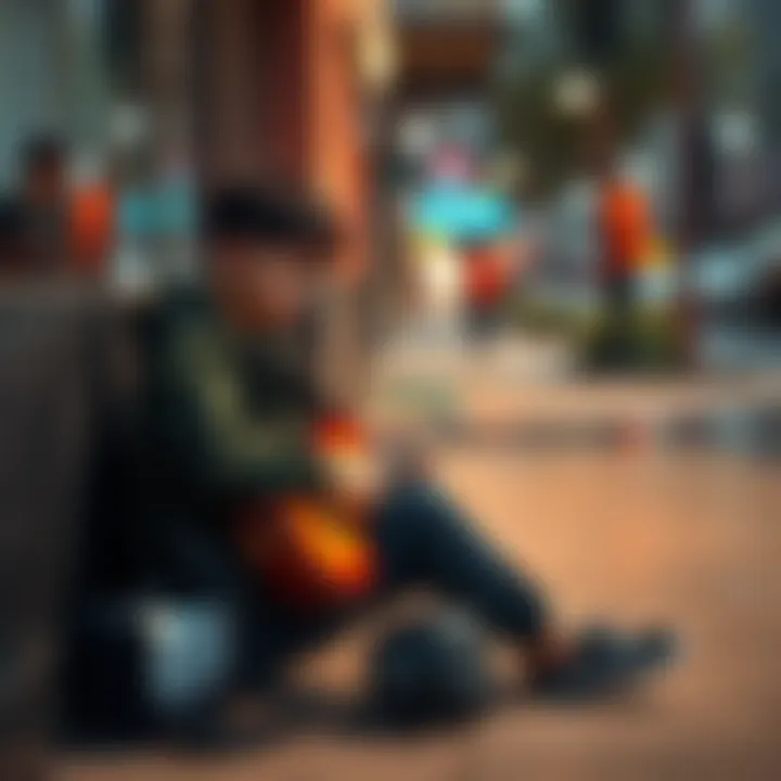 Zammy, a young person with a guitar, sitting alone on a sidewalk, looking disappointed after being left out of a rock gang. Their expression shows heartache and longing for friendship.