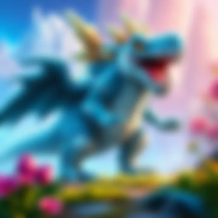 A colorful depiction of Zamtrios, a large, dinosaur-like creature with a distinct icy blue and white color scheme, ready for battle in a vibrant fantasy landscape.