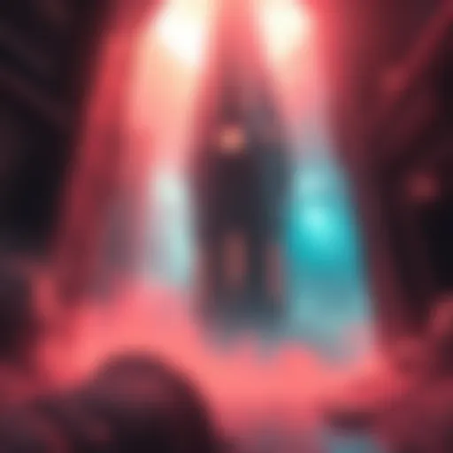 Concept art of a horror film set in the Warframe universe, featuring dark, eerie spaces and abstract visuals inspired by the Zariman Ten Zeor incident.