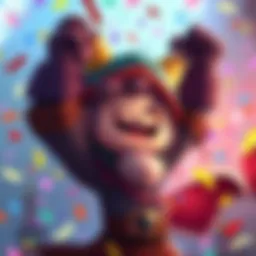 A joyful moment showcasing Zefyr, a charming game character, celebrating over 10,000 achievements with colorful confetti in the background.