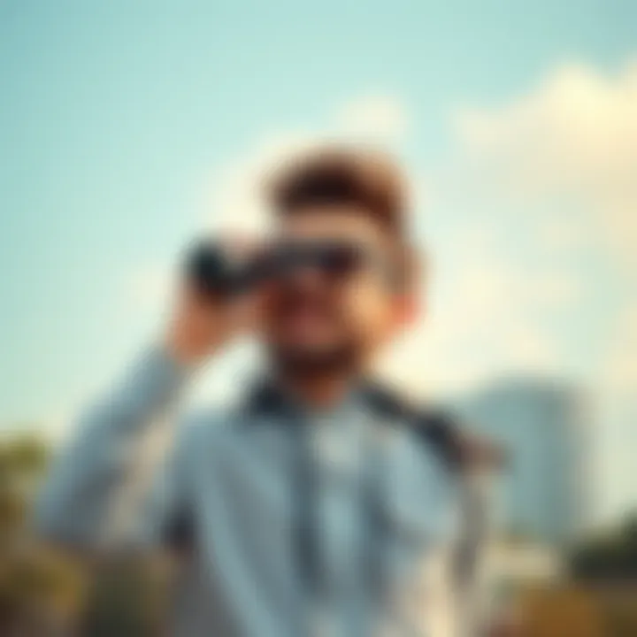 Zeke stands outdoors, wearing stylish sunglasses while looking through binoculars, showcasing his playful personality.
