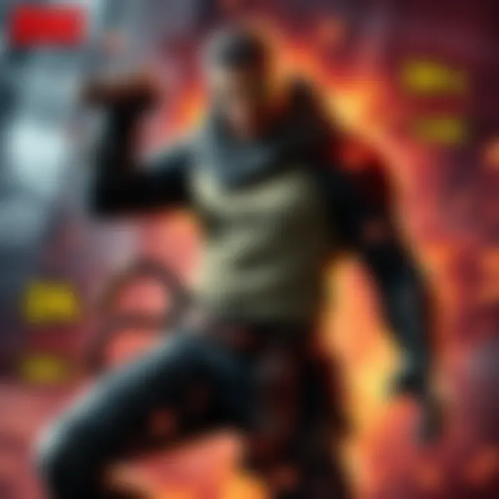 Character Zeke in an action pose, showcasing his combat stance while surrounded by damage stats and indicators of weaknesses and resistances.