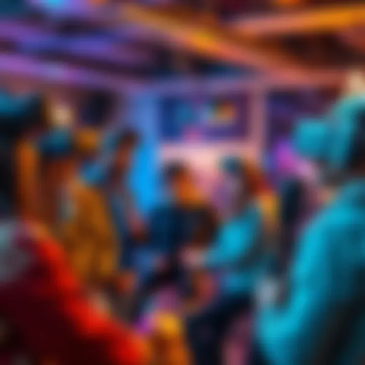 A group of people sharing their thoughts on Zekes VR experience in a lively setting with virtual reality headsets