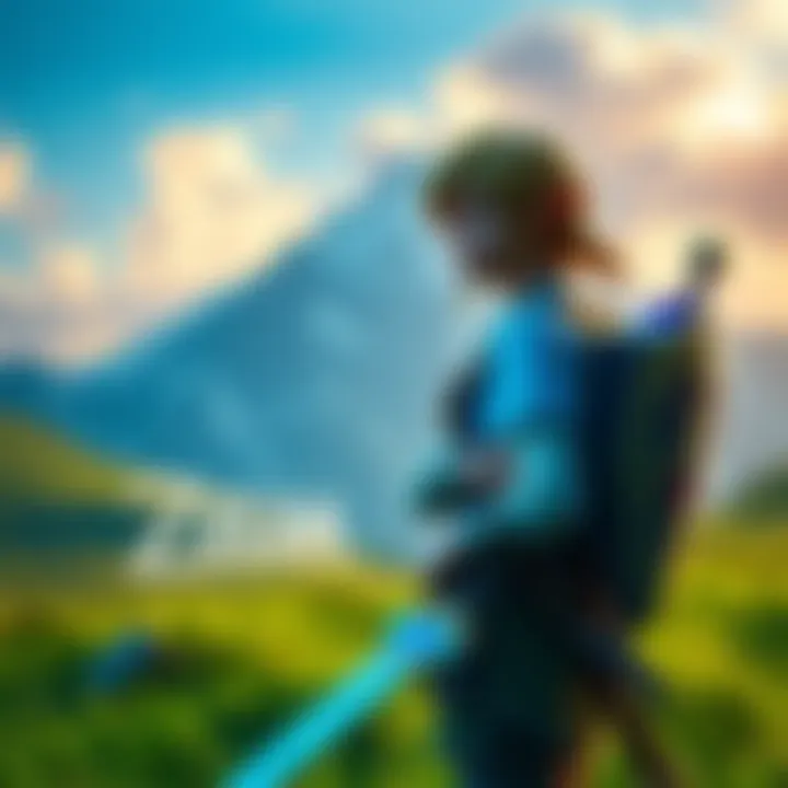 Zelda character in a lush, open landscape with mountains in the background, holding a sword and looking thoughtful.