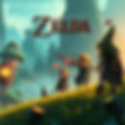 A scene from a Zelda game showing characters in a fantastical environment without voice acting.