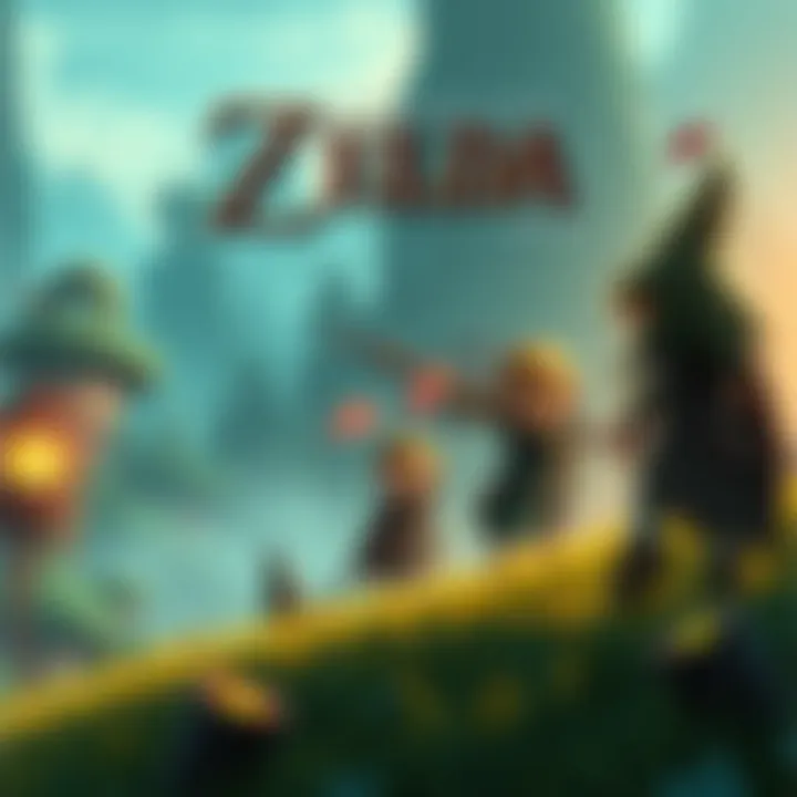 Zelda game scene with characters A scene from a Zelda game showing characters in a fantastical environment without voice acting.
