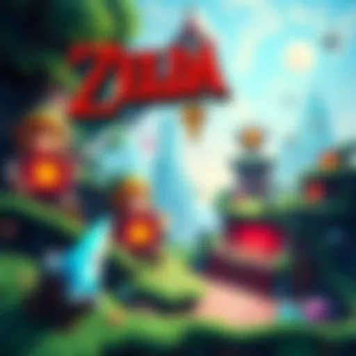 A colorful representation of various Zelda-like games featuring randomized items and environments, showcasing gameplay elements like swords and treasure chests