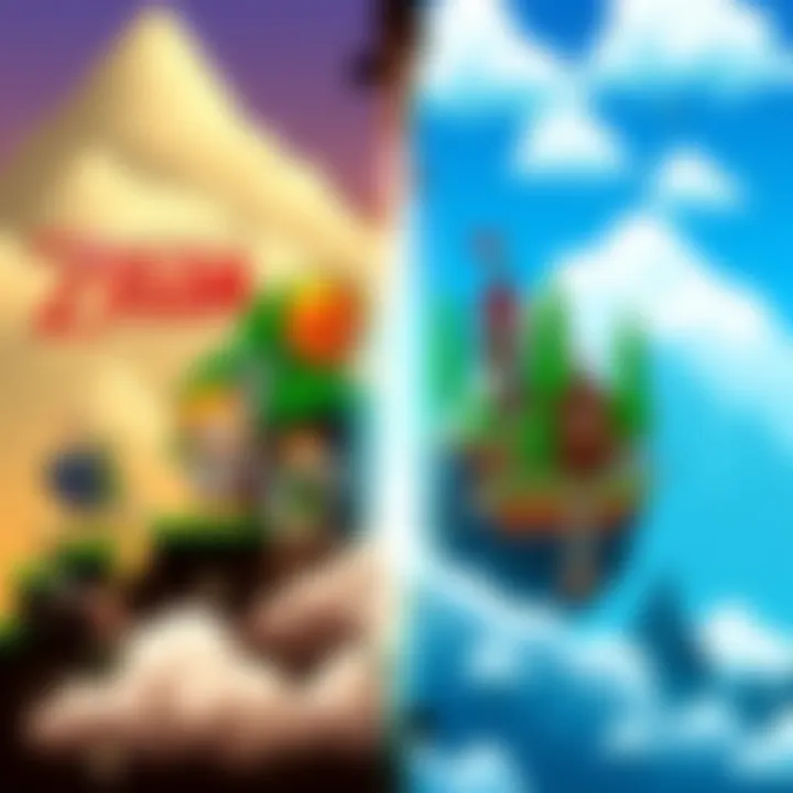 A split image showing characters and environments from Zelda: A Link to the Past on one side and Terraria on the other, highlighting their unique styles.