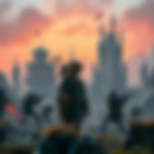 A character resembling a warrior from Zelda holds a sword, while futuristic soldiers similar to those from Wolfenstein surround a fantasy landscape filled with castles and advanced technology.