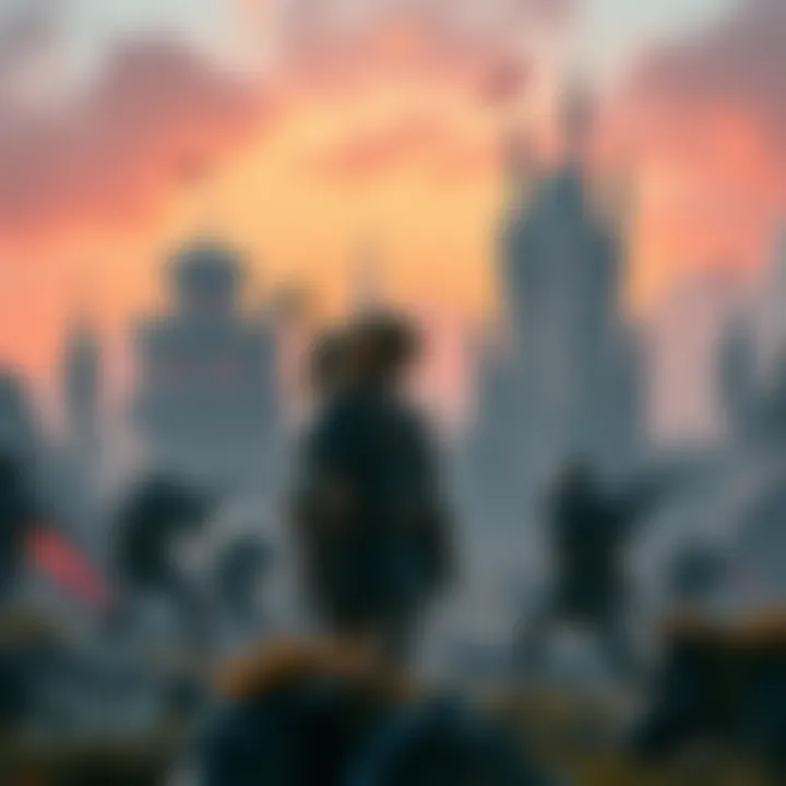 A character resembling a warrior from Zelda holds a sword, while futuristic soldiers similar to those from Wolfenstein surround a fantasy landscape filled with castles and advanced technology.