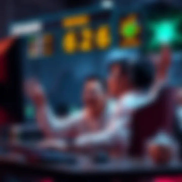 A player with a focused expression sits at their gaming setup, celebrating a victory in a game, with a scoreboard showing wins and a diamond rank in the background.