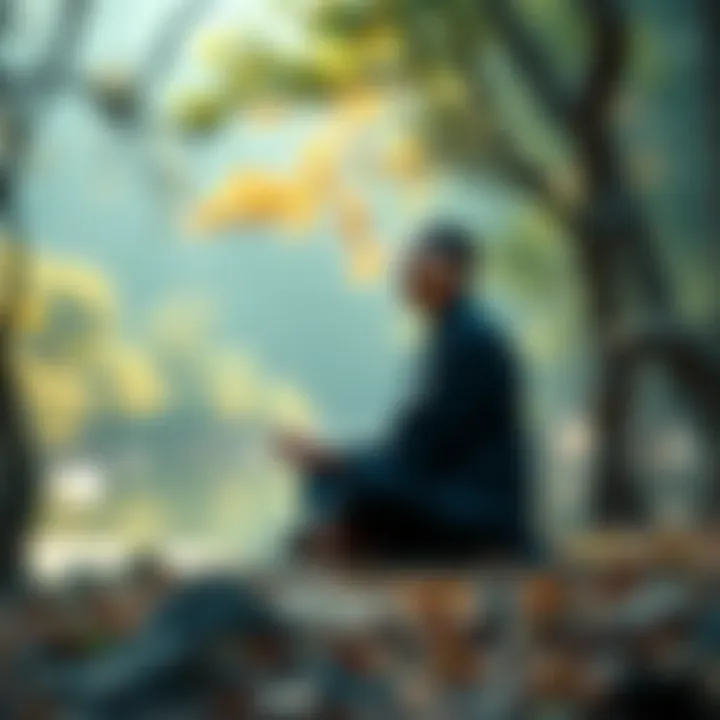 A person in a serene setting practicing Zen meditation, surrounded by nature, embodying mindfulness and tranquility.